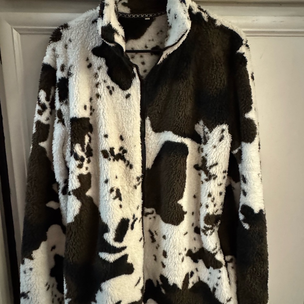 Women's Brown and White Cow Print Fleece Jacket